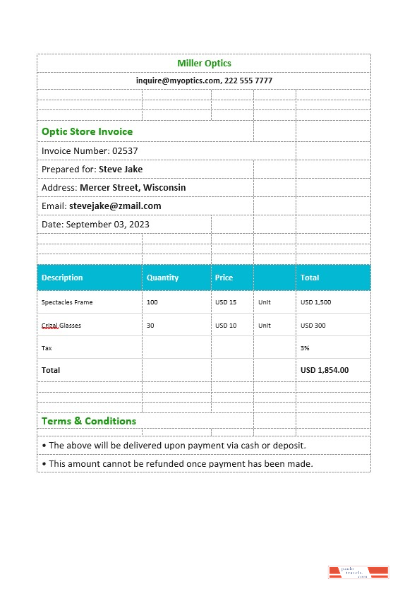 Optical Store Invoice Template PSD template